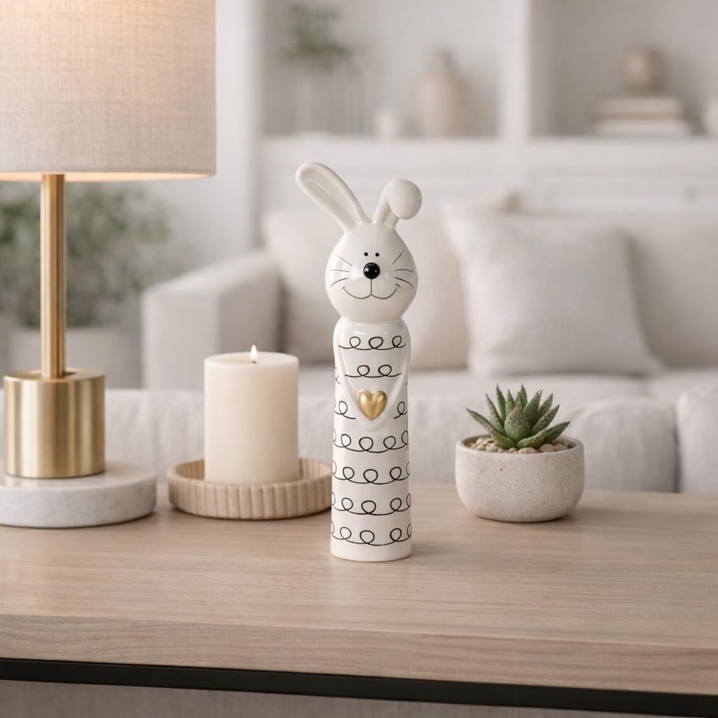 Boho Bunny Figurine Decor - Handcrafted Ceramic Stoneware - Modern Home Accent for Living Room, Bedroom & Office - 12" Black & White