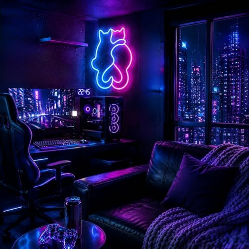 Image of Pink&Blue Neon Sign Led Neon Lights Signs for Wall Decor USB Powered Led Signs for Room Decoration-Double Cat