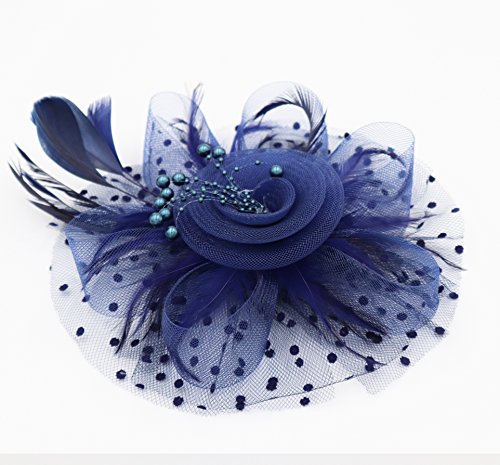 Wheebo Fascinator Hat Flower Feather Mesh Net Veil Party Wedding Headband for Women Girls (A-Navy Blue)