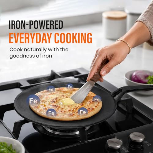 Image of Cast Iron Roti Tawa with Handle|Pre-Seasoned Non-Stick Iron Tawa for Roti /Dosa /Chilla |Heavy Duty Non-Toxic Cookware |Stove & Induction Compatible | Black, 28cm, 2kg