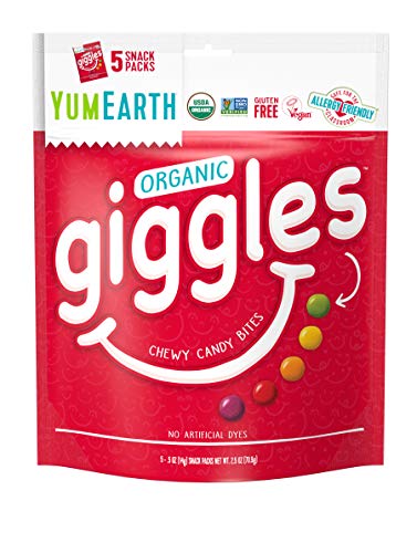 YumEarth Organic Giggles Chewy Candy - Allergy Friendly (Top 9 Free), No Artificial Dyes or Flavors, Non GMO, Gluten Free, Vegan - Individually Wrapped Fruity Snack Packs - 0.5 Ounce (Pack of 60)