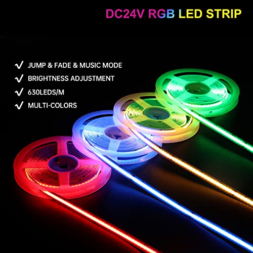 Rgb Cob Led Strip Light Kit, 630Leds/M 16.4Ft/5M Multicolor Change Light Strip With Dc24V Adapter And 20 Key Remote, Music Sync Flexible Led Tape Lights For Bedroom,Hotel,Bar,Party,Diy Lighting #TOP1