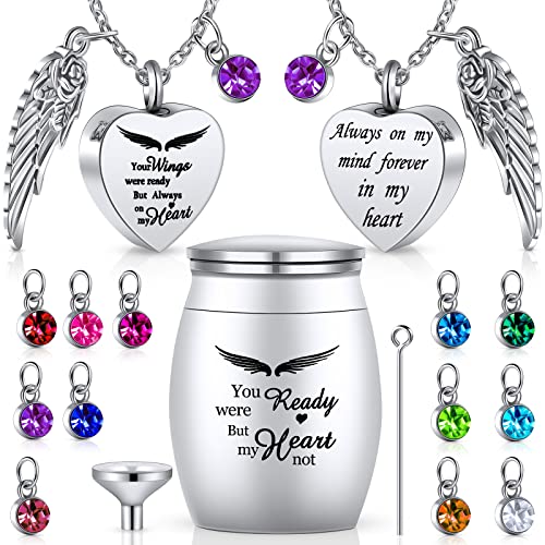 3 Pieces Heart Urn Necklace Small Keepsake Urns Cremation Urn Necklace Heart Ashes Necklace Mini Stainless Steel Cremation Urns Memorial Ashes Holder with 12 Birthstones Angel Wing Charm Cremation