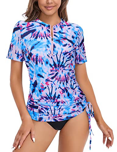 Luranee Swimming Tops For Women,Rash Guard Short Sleeve,Half-Zip Sun Protection Swimsuits Bathing Suit Spf Swim Shirts Rash Gaurd Swimsuit Side Adjustable Tie Dye Small cover