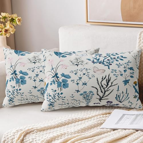 XPHZZL Cushion Covers Set of 2 Pack 30 x 50 cm Soft Sage Green Wild Flower Plant Pillow Covers for Sofa Bed Garden Outdoor Spring Decor Flower Plant with Invisible Zipper - Blue