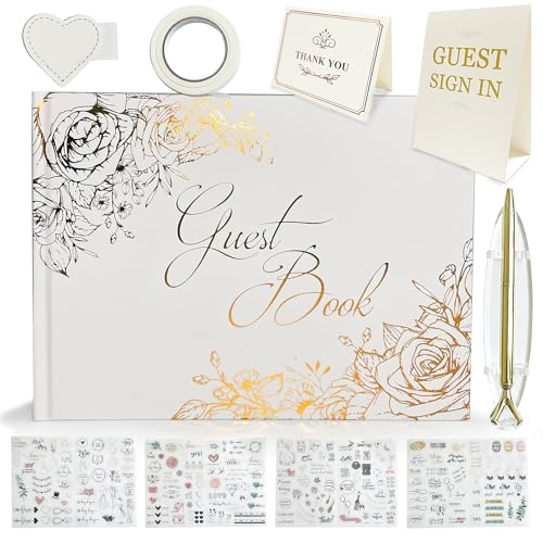 Chenluvia Guest Book and Pen Stand Set, Polaroid Sign in Book for Weddings, Parties, Baby Showers, 9”× 6.7” Blank or Lined Pages (All Blank Pages)