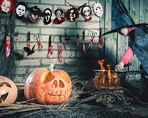 Whaline 2Pcs Halloween Party Banner Horror Classic Movie Character Banner Bloody Knife Weapons Bunting Garland Pre-Assembled Photo Prop Backdrop Party Hanging Ornament For Fireplace Mantel Decoration #TOP4
