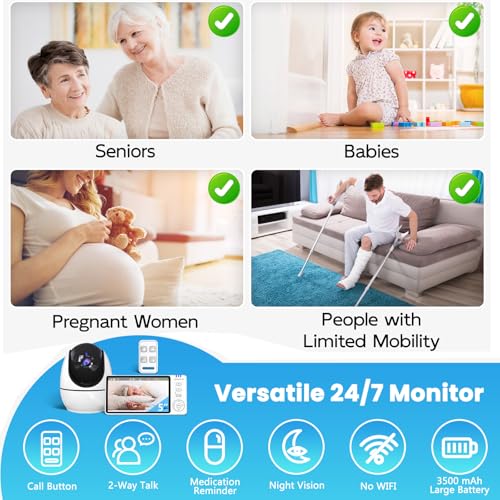 Elderly Monitor with Camera and Audio & Call Button, 2-Way Talk Room Monitors for Elderly, Med Reminder Temp Alert Baby Monitors for Elderly Care & Caregivers, PTZ Camera for Senior Monitoring/No WiFi - Image 3