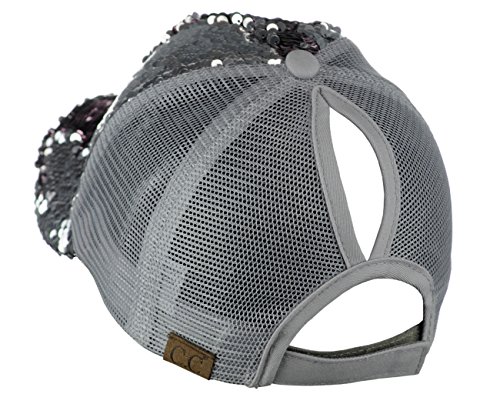 C.c Ponycap Messy Bun Ponytail Reversible Magic Sequin Adjustable Baseball Cap, Silver/Rose #TOP2