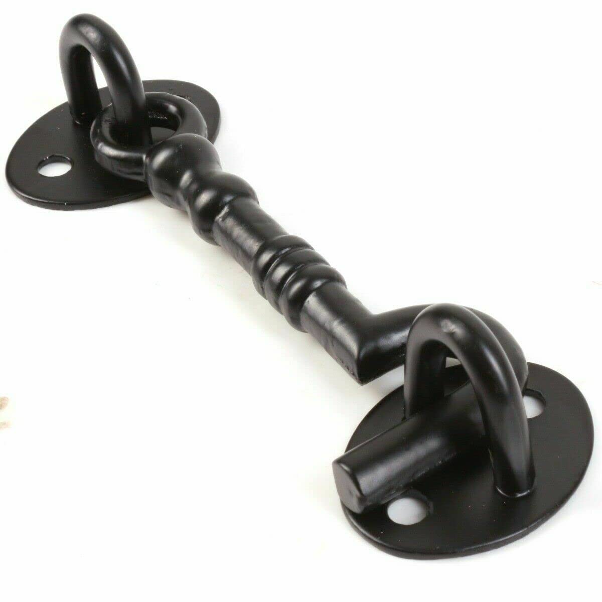 6 Inch Black Cabin Hook Fancy Cabin Hook & Eye Silent Catch Door Latch Holder with Screws Silent Cabin Hook for Shed Gate Catch Garden Gate Latch Patio Doors in Various Finishes Pack of 1.