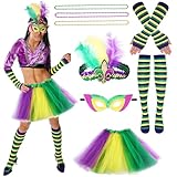 mardi gras gatineau Accessoires de déguisement pour Mardi Gras : costume carnaval femme kit comprend un serre-tête à plumes, un masque à paillettes, trois colliers, une jupe tutu, une paire de gants et une paire de chaussettes hautes, pour une tenue de Mardi Gras complète.