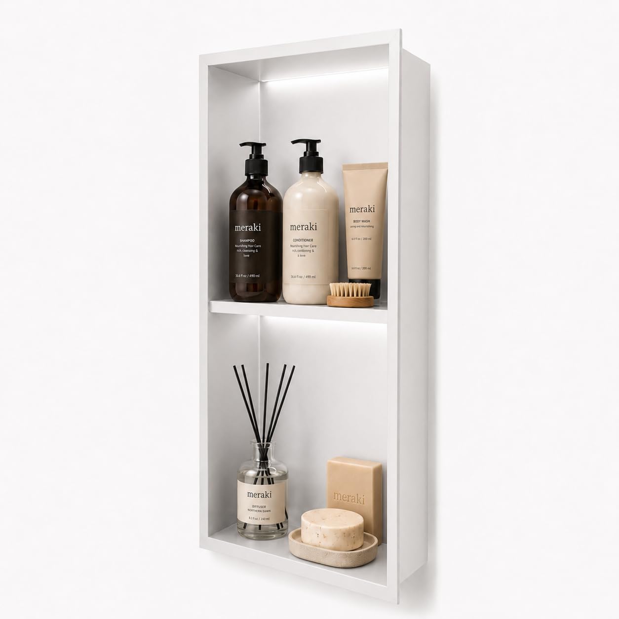 Hornacina Ducha Empotrable con LED 33x63 cm Nicho Ducha Vertical Doble Acero Inoxidable S.304 Nicho Baño Pared | Estante Ducha Iluminado Anticorrosión | MEDIMEX Marshall (Blanco Mate)