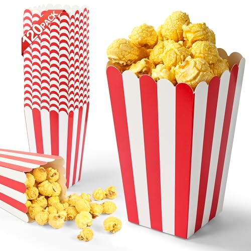 Chumix 120 Piezas Cajas Palomitas, Pequeña Cubo Palomitas Roja Hecha Cartón Blanco, Fácil de Montar, Bolsas Palomitas a Rayas for Cinema Parties Events and Home Cinema (Rojo-120)