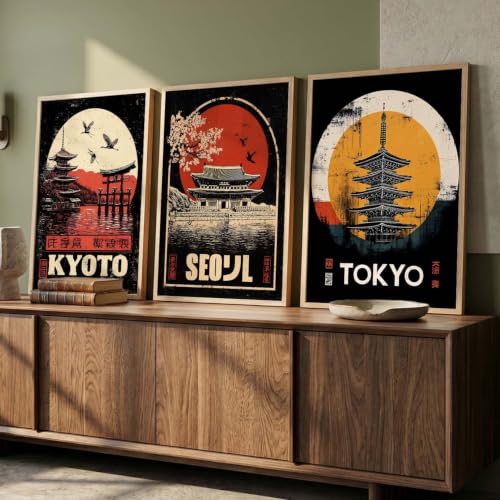 Image of kotart Japanese City View Wall Framed Posters | Aesthetic Japan Theme City View Framed Poster for Living Room Bedroom Gaming Room Studio Wall Decor Set Of 3 (20x30 Inch)