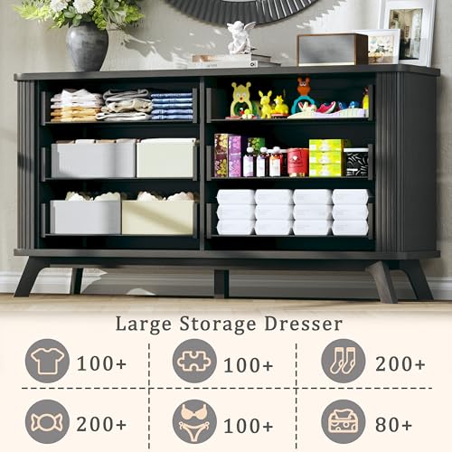 Image of HUAHUU Fluted 6 Drawers Dresser for Bedroom, 55 inch Mid Century Modern & Chests of Drawers, Curved Profile Design, TV Stand, Wood Storage Dresser for Entryway, Hallway, Black