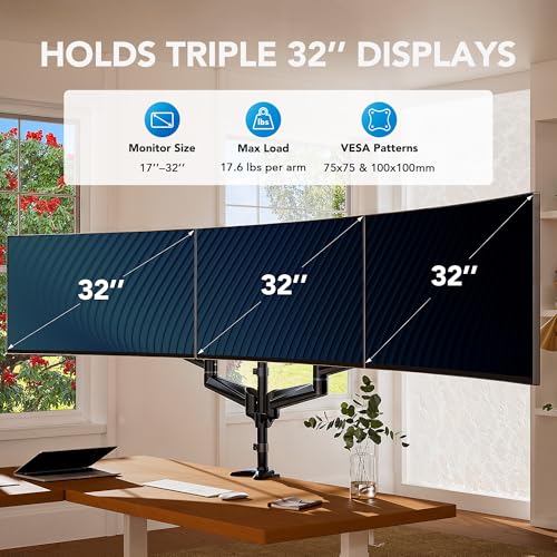Image of HUANUO Triple Monitor Mount for 17 to 32 inch Screens, Adjustment Gaming Triple Monitor Stand with Swivel, Tilt, Rotation, Clamp & Grommet Kit