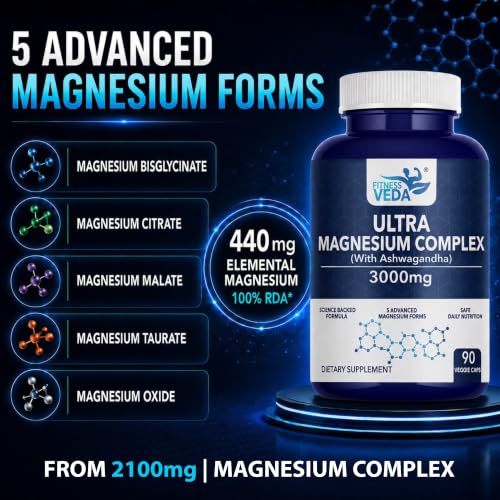 Image of Fitness Veda Ultra Magnesium Complex with Ashwagandha, Vitamin B6 & 5 Magnesium Forms, 3000mg, 90 Veggie Capsules