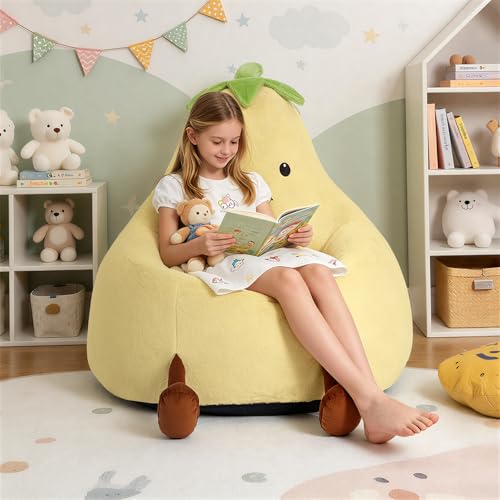 Image of 24 Inches Memory Foam Bean Bag Chair - Ultra Soft Faux Rabbit Fur Round Sofa with Handle & Machine Washable Cover, Comfy Lazy Chair for Kids Teens, Perfect for Reading Gaming in Living Room,Yellow