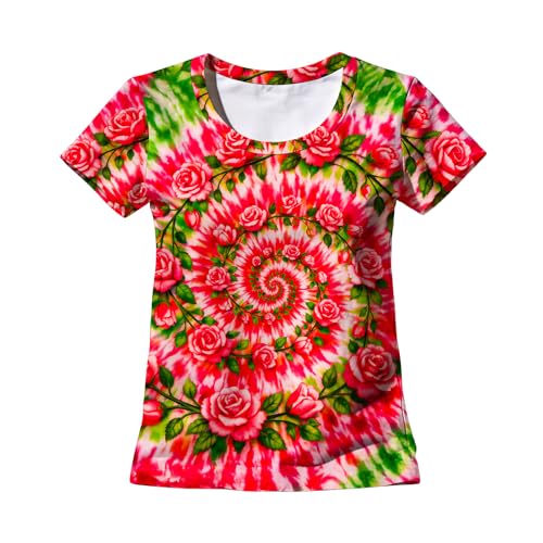 DZCKBRU Womens Green and Pink Tie Dye Shirt Rose Flower T Shirts Short Sleeve Crewneck Tee Tops Large