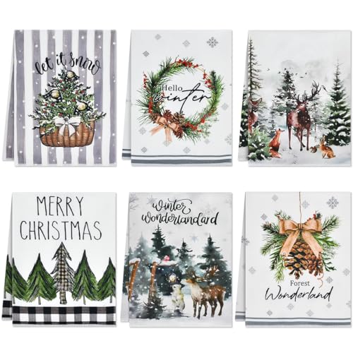 Huucozn 6 PCS Paños de Cocina Navideños 40x60cm, Trapo Cocina Navidad, Paños de Cocinas Divertidos con Diseño Bosque y Pinos, Servilletas y Manteles Individuales de Tela, Pañuelos de Cocinas