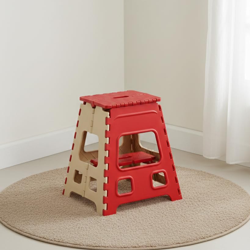 Image of U-MAX 18 Inch Folding Step Stool, Portable, Heavy Duty Plastic with Anti-Slip Surface Space-Saving Foldable Stool for Kids & Adults (Red-Ivory)