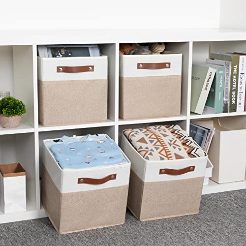 Hnzige Fabric Storage Baskets Cubes Bins For Shelves, 11 X11 Foldable Storage Bins, Decorative Storage Basket With Leather Handles For Storage Clothes Home Nursery(White Beige-4Pack) #TOP3