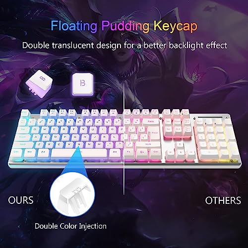 Felicon L96 Wireless Keyboard Mouse Combo, 3650Mah Rechargeable Rgb Full Size Keyboard With Pudding Keycaps, Ergonomic Mechanical Feel 4800 Dpi Rainbow Led Mute Mouse 2.4G Usb For Pc/Mac(White) #TOP2