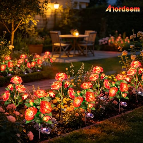 Image of Anordsem Solar Garden Lights Outdoor: 10 Waterproof Fabric Roses 2 Pack - Red LED Flower Decorations for Yard Patio Path Cemetery Grave - Mother's Day Gift for Her Women Mom Wife