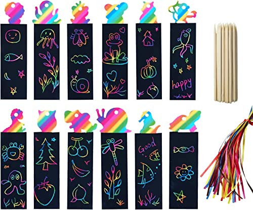 Lesezeichen-Set für Kinder, 48 Stück, Regenbogen-Lesezeichen, Kratzkunst, Lesezeichen, Kinder-Lesezeichen mit 24 Holzstiften und 48 bunten Bändern für Kinder, Mädchen, Partyanhänger Cover