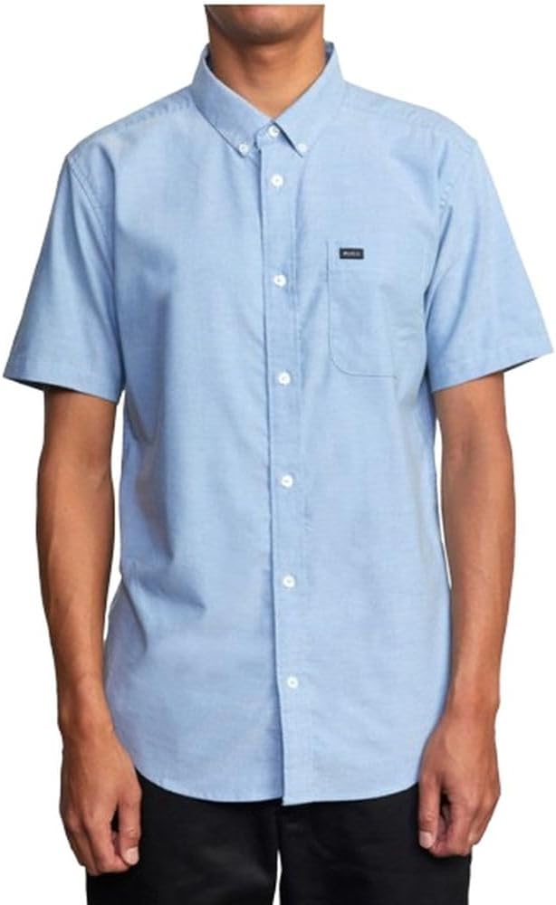 RVCA Men's Thatll Do Stretch Short Sleeve Woven Button Front Shirt, Oxford Blue S125