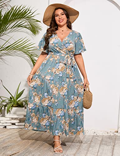 Image of ShopWonder Womens Plus Size V Neck Wrap Maxi Dress High Waist Ruffle Summer Casual Dress with Belt