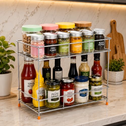 Image of CHHAAP Kitchen Storage Spice Rack and Container Organizer Counter Top Pantry Stand 2-Tier Stainless Steel Multipurpose Masala Kitchen Rack, Space Saver Rack (Pack of 1) (NHSP)