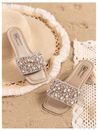 Image of GORGLITTER Girl's Pearls Dress Flat Sandals Glitter Rhinestone Summer Open Toe Teens Slides