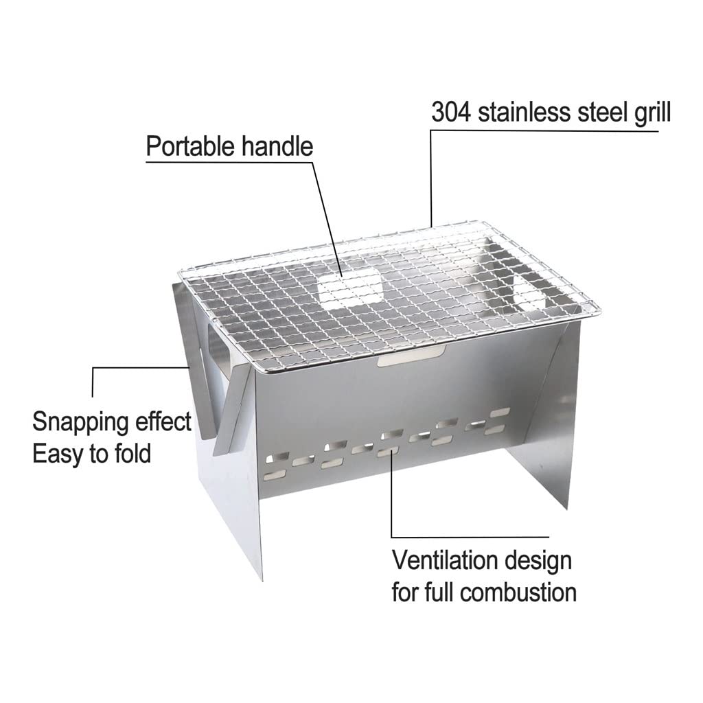 KANBUN - Parrilla plegable de acero inoxidable con bolsa de transporte, parrilla de carbón portátil para camping, barbacoa, picnic, doble comodidad