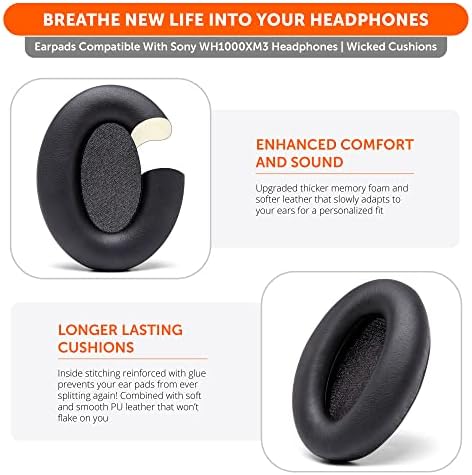 WC Wicked Cushions Extra Thick Replacement Earpads Compatible with Sony WH-1000XM3 Headphones - Black - Thumbnail 5