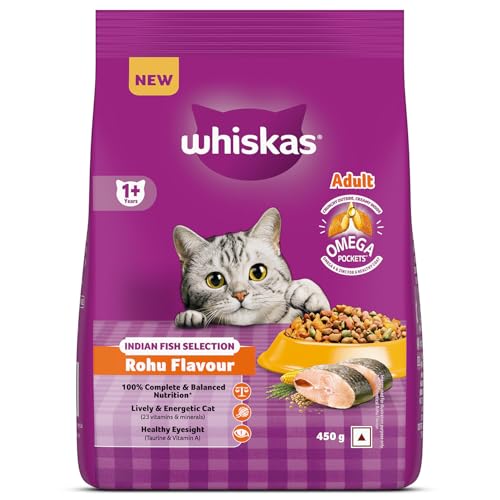 Image of Whiskas Adult (1+ Years) Dry Cat Food, Rohu Fish Flavour, 450 g, Powered with 40 Essential Nutrients, Complete & Balanced Nutrition for Adult Cats