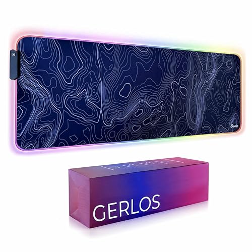 Image of Gerlos RGB Gaming Mouse Pad, Large LED Desk Mat, 31.5 x 11.8 Inch | 12 light modes, non-slip base, water-resistant surface, stitched edges