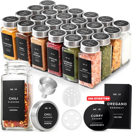 EDELHAUS Gewürzgläser Eckig Set mit Edelstahl Deckel (24 x 120ml) Gewürzstreuer mit Streueinsatz und 240 Etiketten Schwarz - Hochwertige Gewürzbehälter Gewürzdosen Gewürze organizer [10 7cm x 4 5cm]