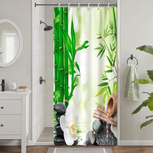 Uiiooazy Cortina de ducha estrecha 90 x 180 cm, cortina de ducha antimoho bambú hojas verdes negro gris piedras zen cortinas de ducha tela lavable impermeable poliéster cortina de baño con 6 ganchos