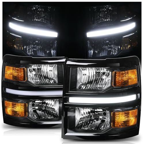 M-AUTO Driver and Passenger Side Headlight w/LED DRL Compatible with 2014-2015 Chevy Silverado 1500, Left & Right Black Housing Amber Corner