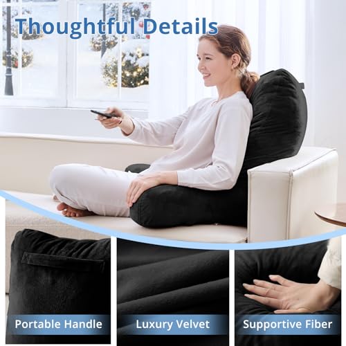 Image of Sasttie Reading Pillow for Bed, Back Pillow for Sitting Up, Black | 25 inch Backrest Support Cushion for Couch, Sofa, and Floor, Dorm Essentials, OEKO-TEX, Adjustable Down Alternative Fill
