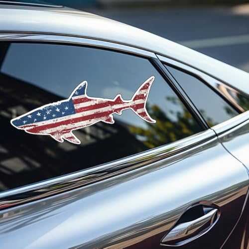 Image of Funny Fishing Bumper Sticker - Weatherproof Auto Laptop Car Decal - Tactical Shark Fish USA Flag Design - Perfect for Cars, Trucks, Boats, RVs, and Tackle Boxes