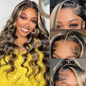 13x6 1b/27 Highlight Ombre Balayage Lace Front Wigs Human Hair Black and Blonde Body Wave Lace Frontal Wig Pre Plucked with Baby Hair for Black Women HD Transparent 180% Density Wig 28 Inch