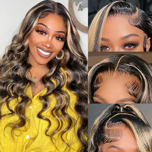 13x6 1b/27 Highlight Ombre Balayage Lace Front Wigs Human Hair Black and Blonde Body Wave Lace Frontal Wig Pre Plucked with Baby Hair for Black Women HD Transparent 180% Density Wig 28 Inch