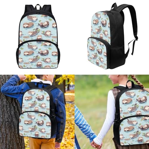 Sea Otter Kawaii Backpack 3Pcs Set Aesthetic School Bags 17 inch Cute Bookbag and Lunch Box Set for Toddler Girls Boys Bookbag 10-12 Years Old Travel Back Pack2