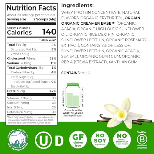 Image of Orgain Whey Protein Powder, Vanilla Bean, 21g Grass Fed Dairy Protein, 5g BCAAs, 3g Prebiotic Fiber, 2g Sugar, No Added Hormones, Gluten Free, Kosher, for Shakes & Smoothies, 1.82 lb