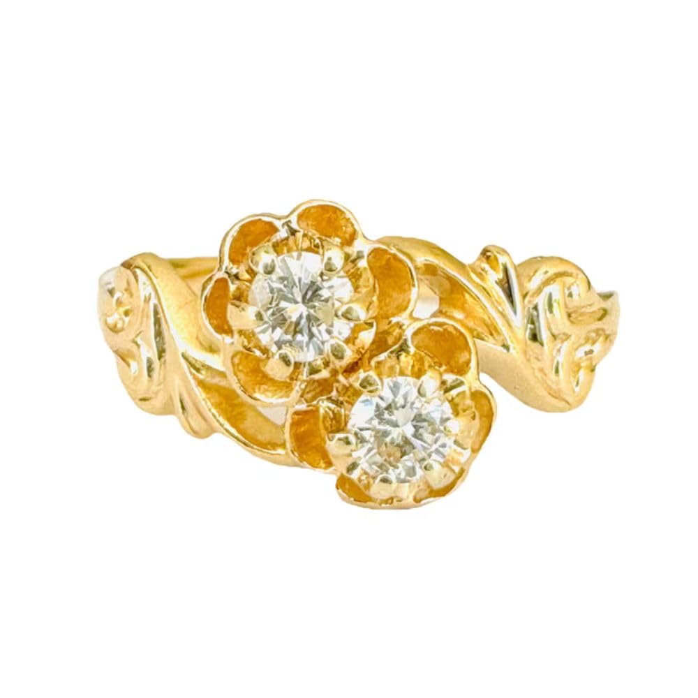 0.5 Ct Round Diamond Two Stone Floral Engagement Ring Nature Inspired Flower Vintage Toi Et Moi Estate Wedding Ring For Women 14K Yellow Gold Plated 925 Silver Handmade Anniversary Ring