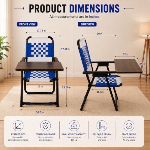 Image of Study Chair for Home with Writing Pad, Foldable Study Chair for Students, Niwar Seat and Back, Metal Frame, Folding Student Seat for Reading, Writing and Laptop Work, (Blue & White)