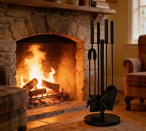 Calidola Ensemble de 4 outils de cheminée avec pelle, brosse, pince, 59,5 cm de haut, base ronde lestée Ø 18 cm, acier revêtu de poudre noir