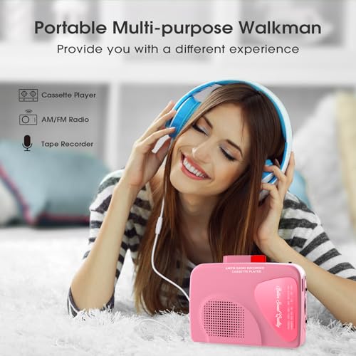 Cassette Player Tape Recorders AM/FM Radio, Portable Tape Player Records Built in Speakers Manual Record - 2AA Battery Or DC 5V Supply with 3.5MM Earphone- Pink - Image 3